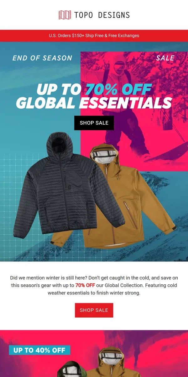 Email from Topo Designs. Global Essentials: Up to 70% Off