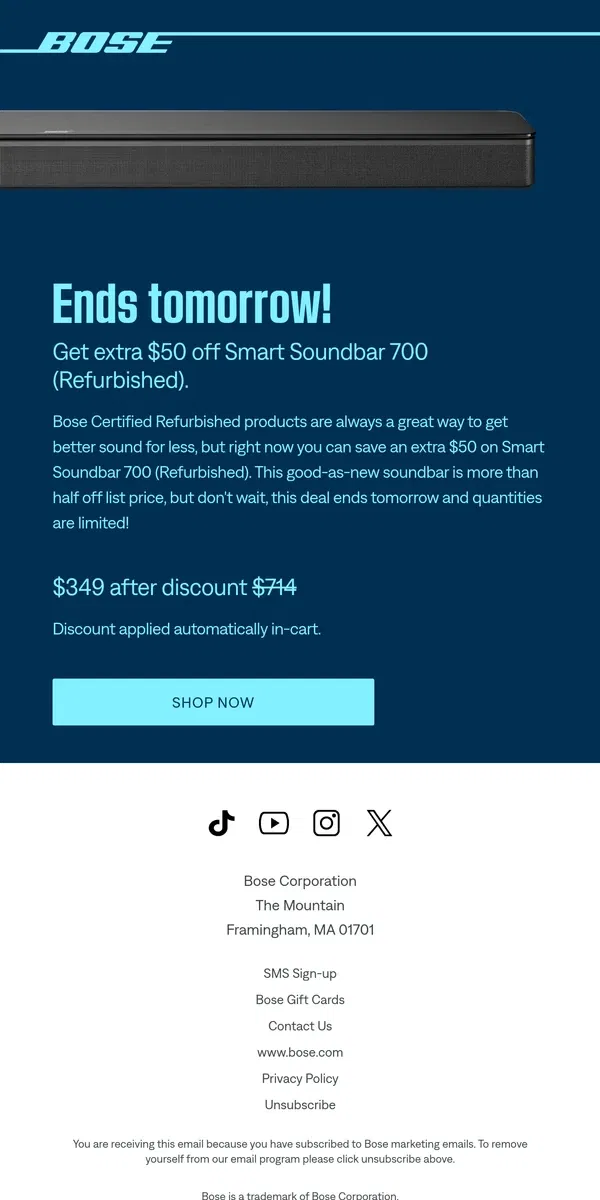 Email from Bose. $50 discount on the Smart Soundbar 700! Experience the soundtrack of tomorrow, today...