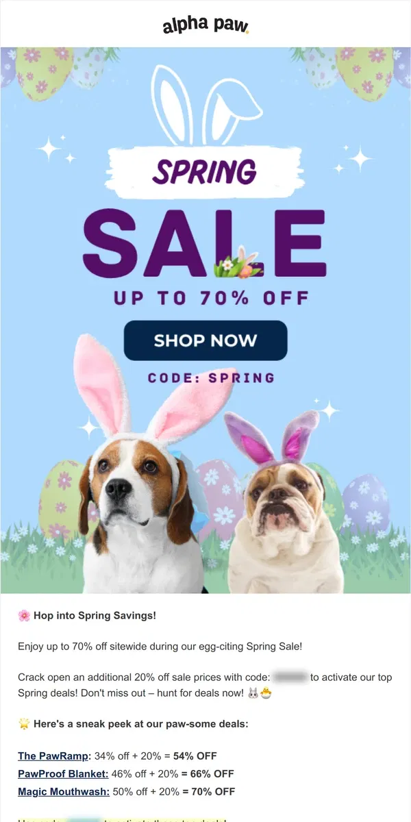 Email from Alpha Paw. 🌸 Spring Sale: Up to 70% OFF!