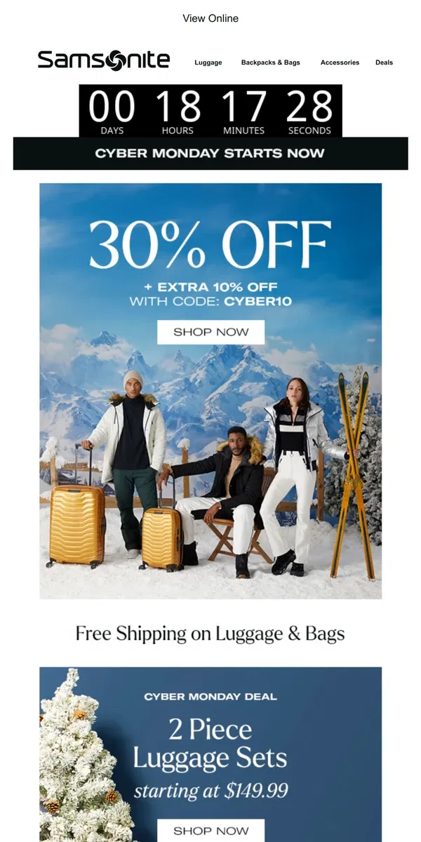 Email from Samsonite. Open for HUGE Savings on Sets, Backpacks and More! Limited Time Only!