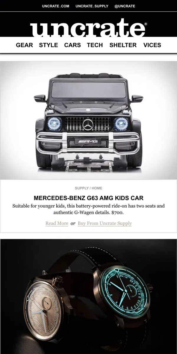 Email from Uncrate. Mercedes-Benz G63 AMG Kids Car & more