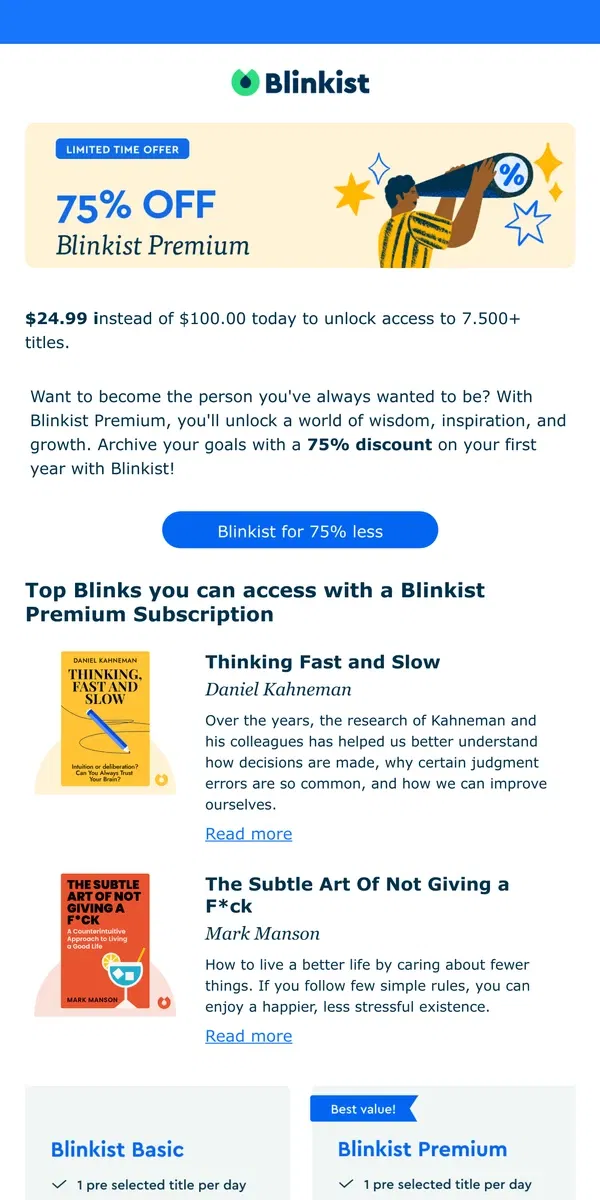 Email from Blinkist. [Sale extended] 75% off for +7,500 life changing book summaries