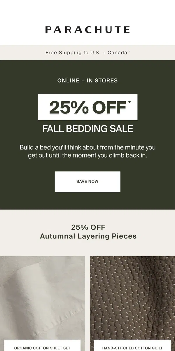 Email from Parachute Home. Take 25% Off Cozy Bed Layers