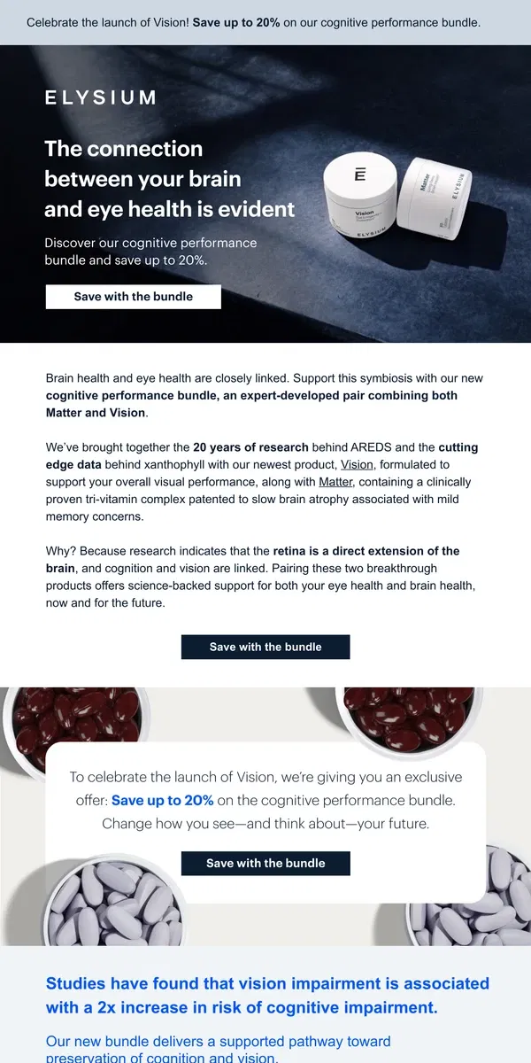 Email from Elysium Health. Did you know the eye is a direct extension of the brain?