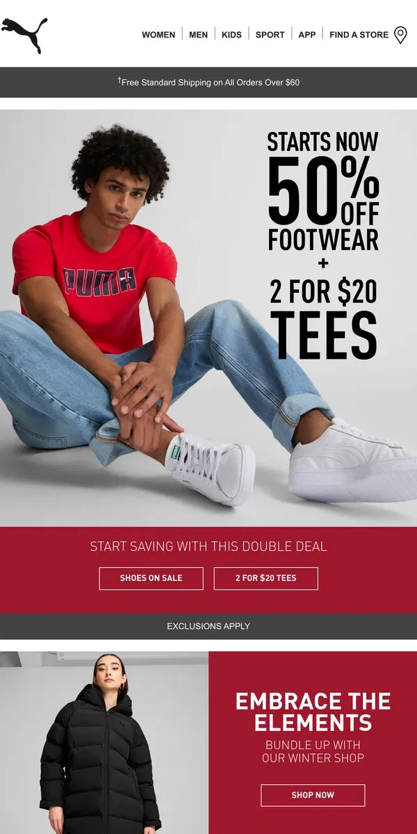 Email from Puma. 50% Off Footwear + 2 for $20 Tees