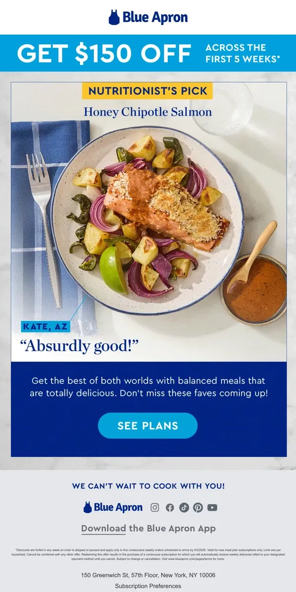 Email from Blue Apron. Get $150 OFF: Delicious, nutritious & filling ✔️