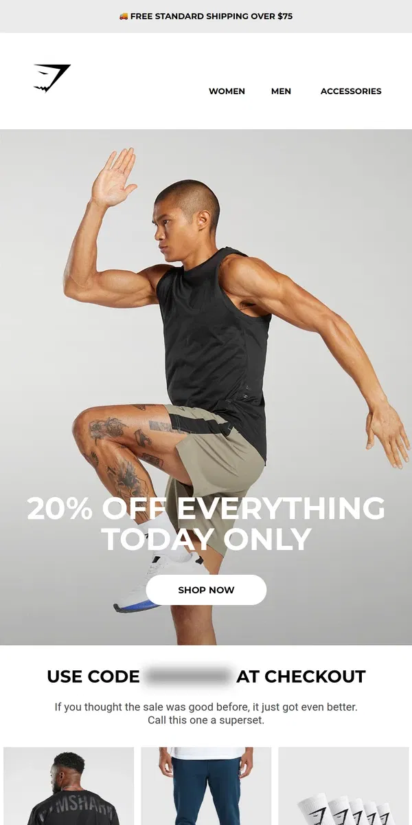 Email from Gymshark. 20% off EVERYTHING for today only