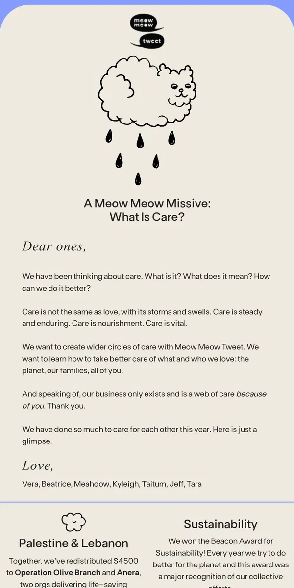 Email from Meow Meow Tweet. 365 days of care