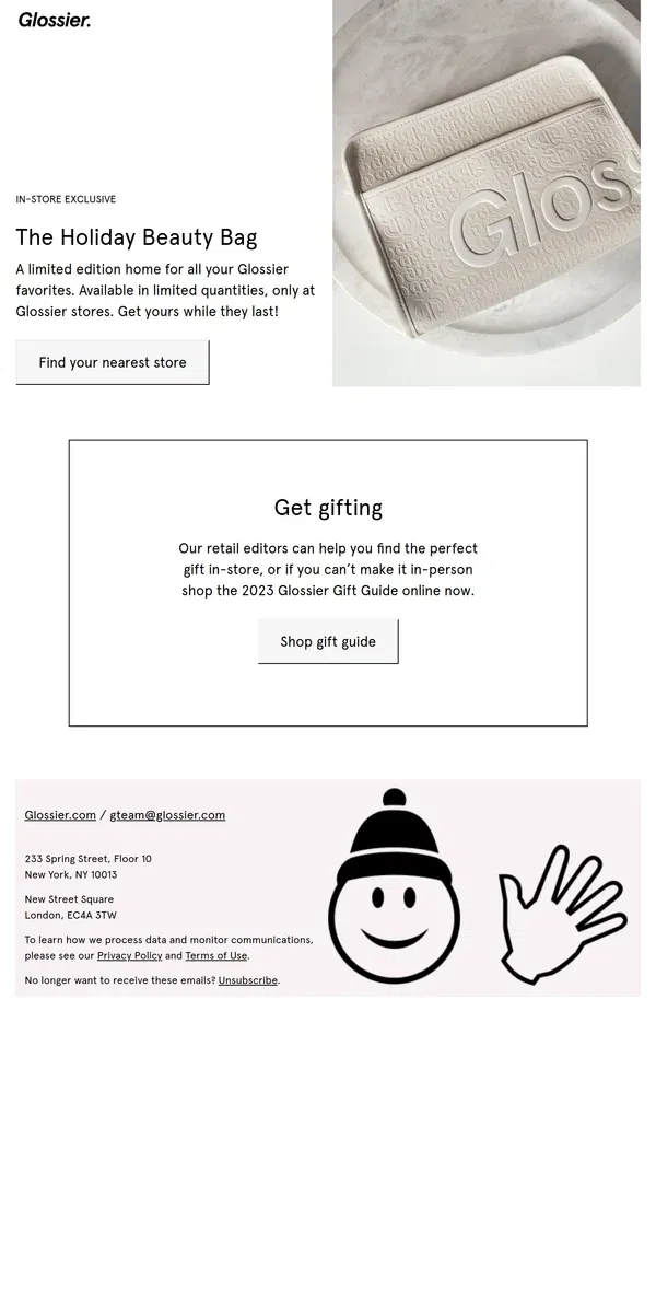 Email from Glossier. Holiday Beauty Bag!