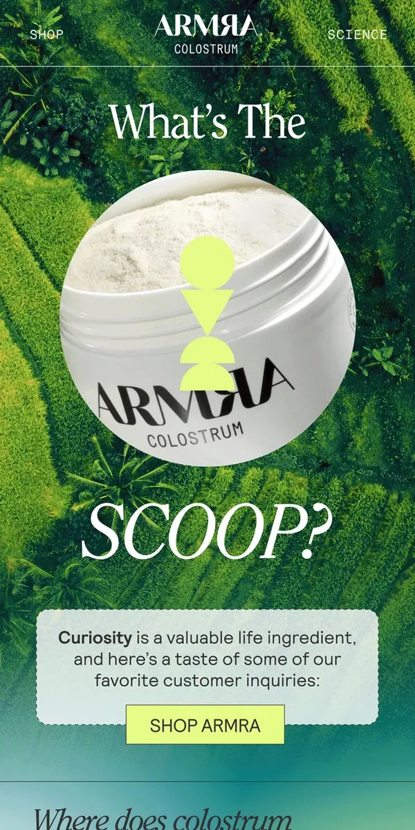 Email from ARMRA Colostrum. ARMRA Q&A Roundup