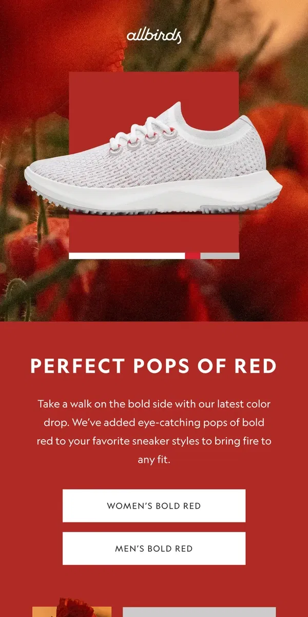 Email from Allbirds. Bold Pops Of Red? Yes Please! 🍒