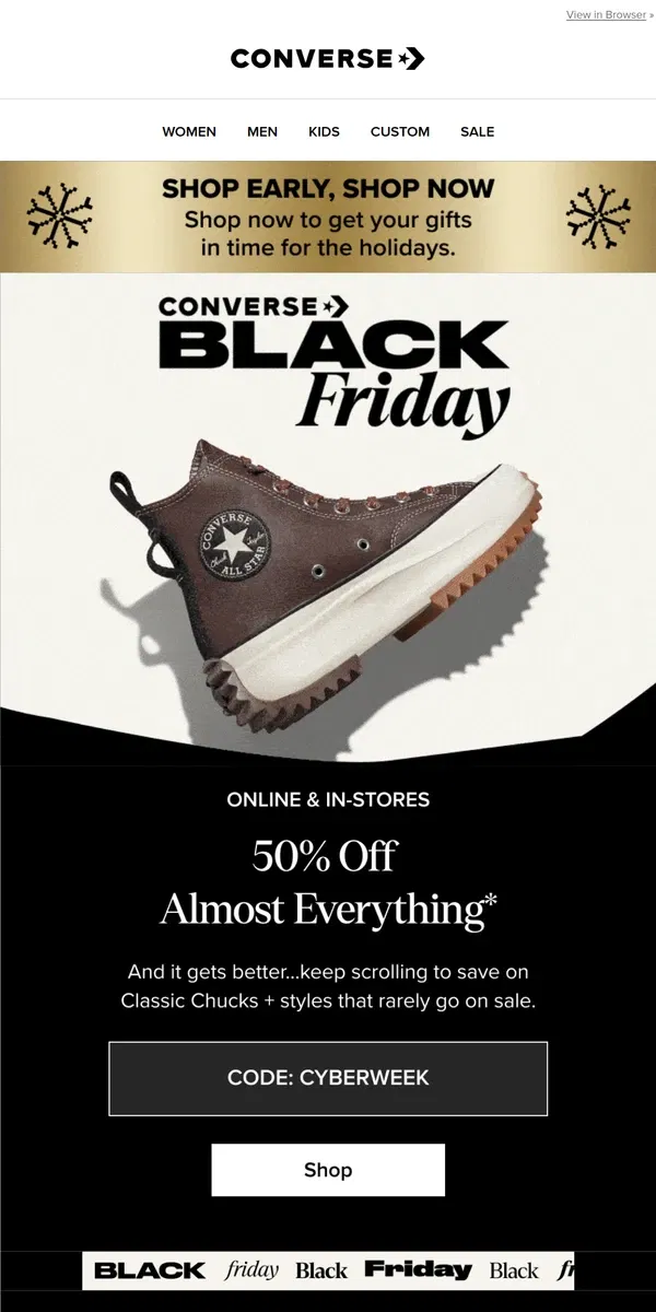 Email from Converse. 50% OFF ALMOST EVERYTHING 💥🖤💥