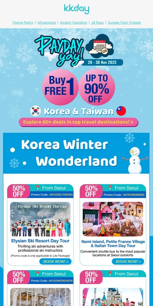 Email from KKday. 🥳 Buy 1 FREE 1 Deals: Korea & Taiwan!