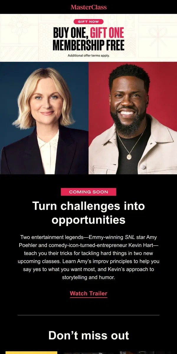 Email from Masterclass. Coming Soon: Amy Poehler and Kevin Hart