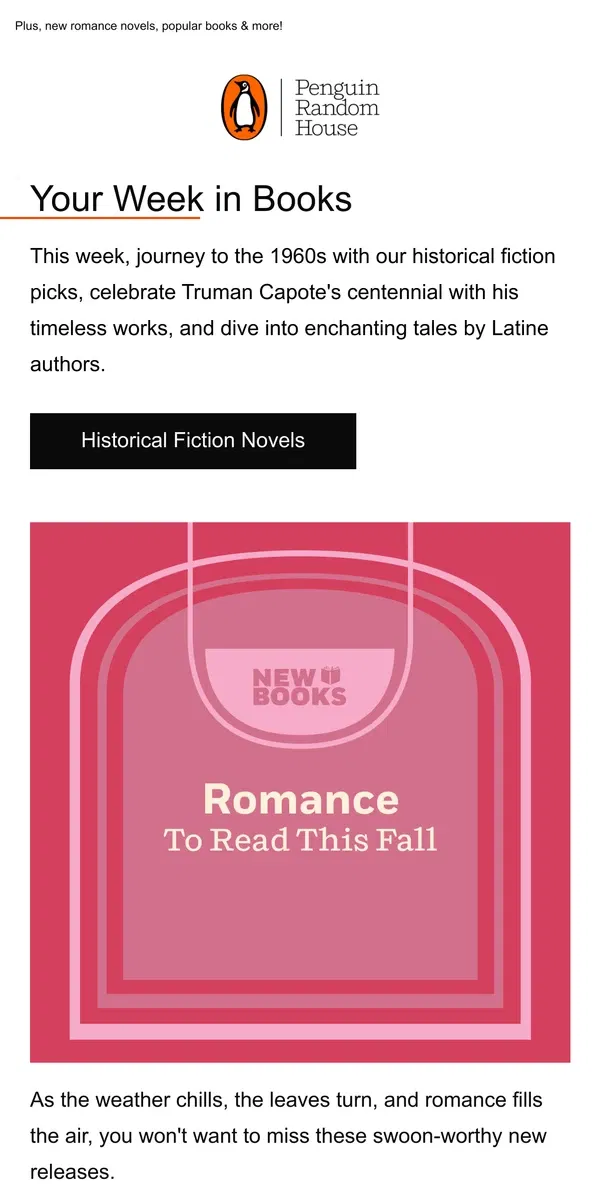 Email from Penguin Random House. Your Week in Books: Historical Fiction Set in the 1960s