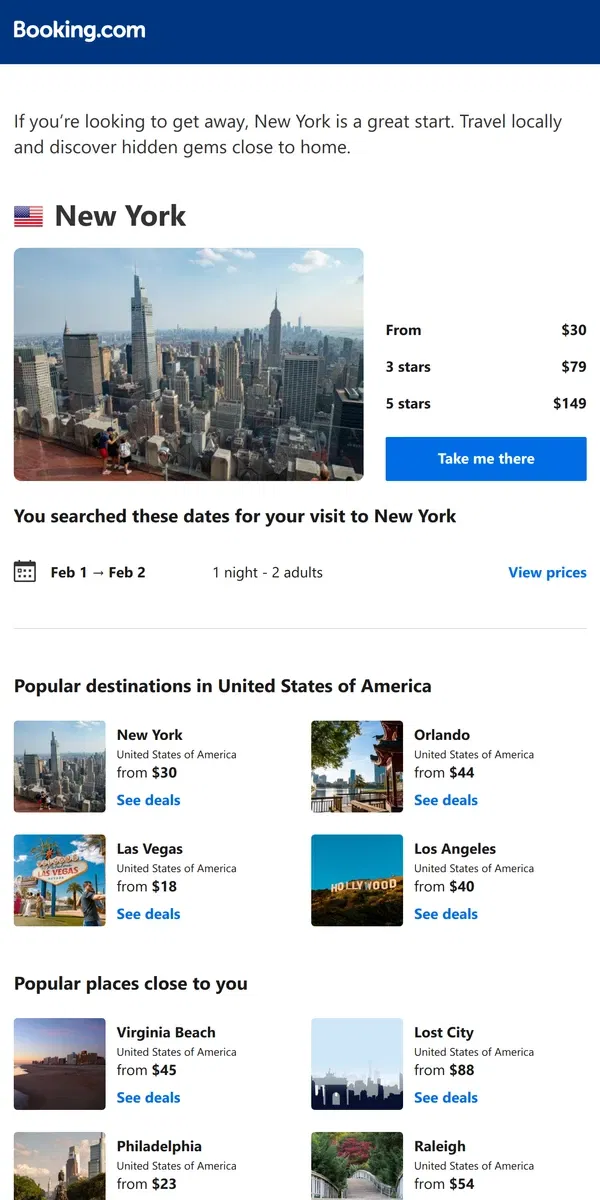 Email from Booking.com. Deals in New York from $30 for February