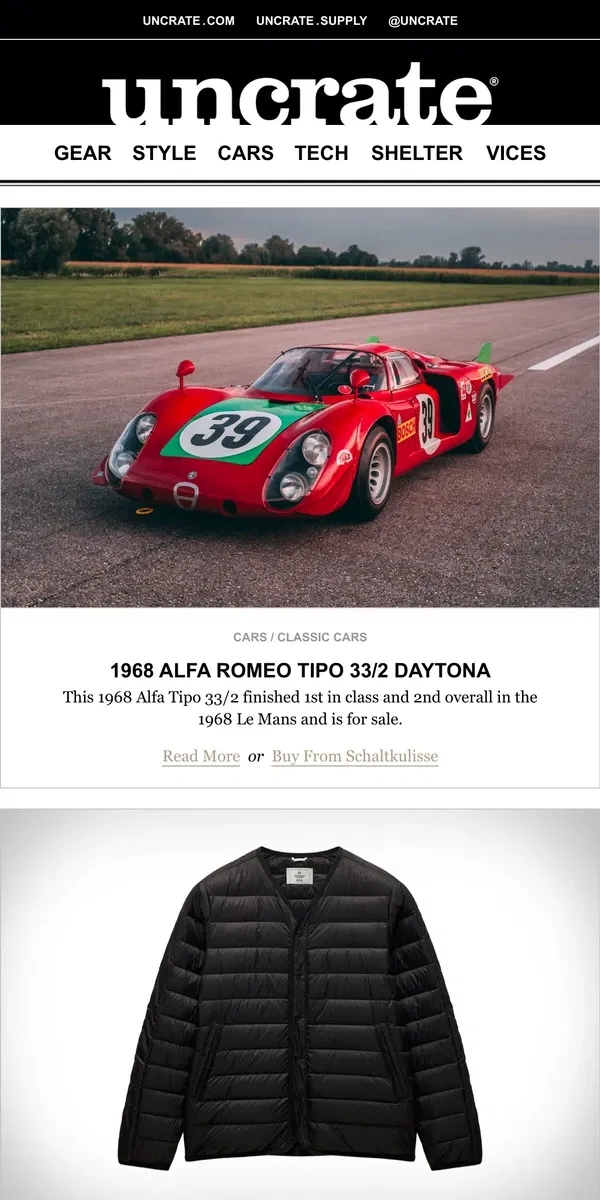 Email from Uncrate. 1968 Alfa Romeo Tipo 33/2 Daytona & more