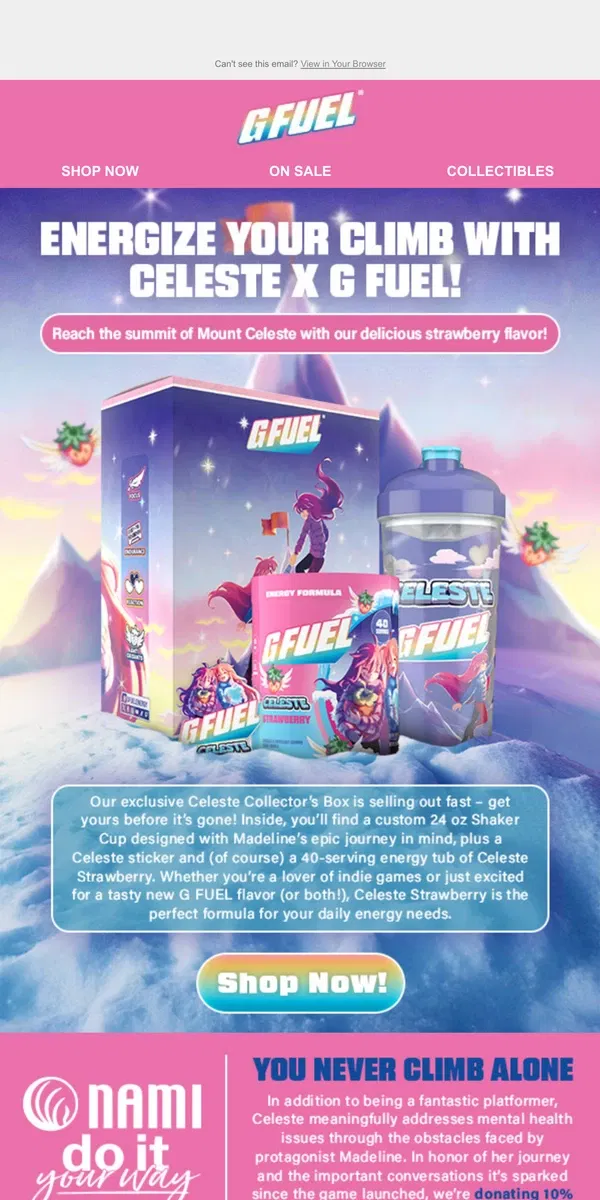 Email from G FUEL. 🧗 The Summit is Near – Last Chance to Grab Your Celeste Collector’s Box!