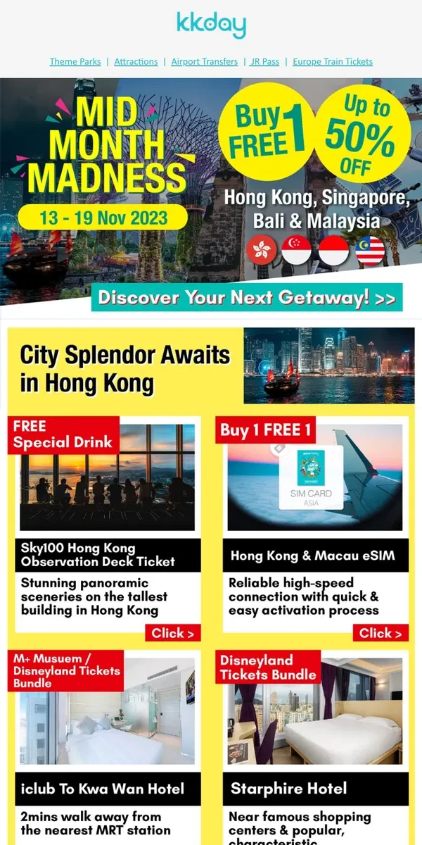 Email from KKday. 🥳 Buy 1 FREE 1 Deals: Choose Your Destinations!