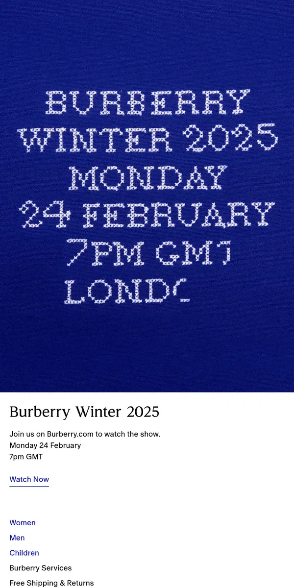 Email from Burberry. Watch now: Winter 2025