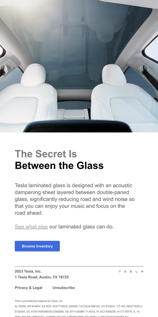 Email from Tesla. Designed to Keep Your Cabin Quiet