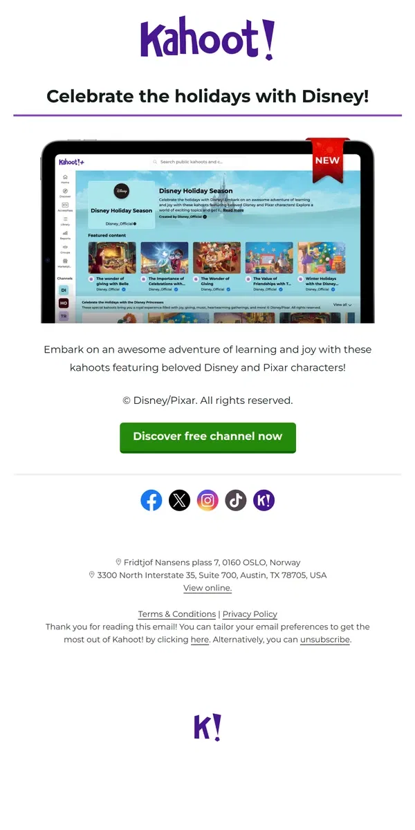 Email from Kahoot!. Celebrate the holidays with Disney!