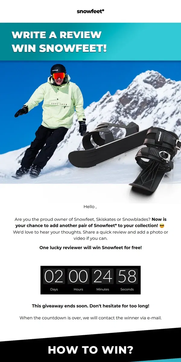 Email from Snowfeet. Share Your Experience & Win Snowfeet!