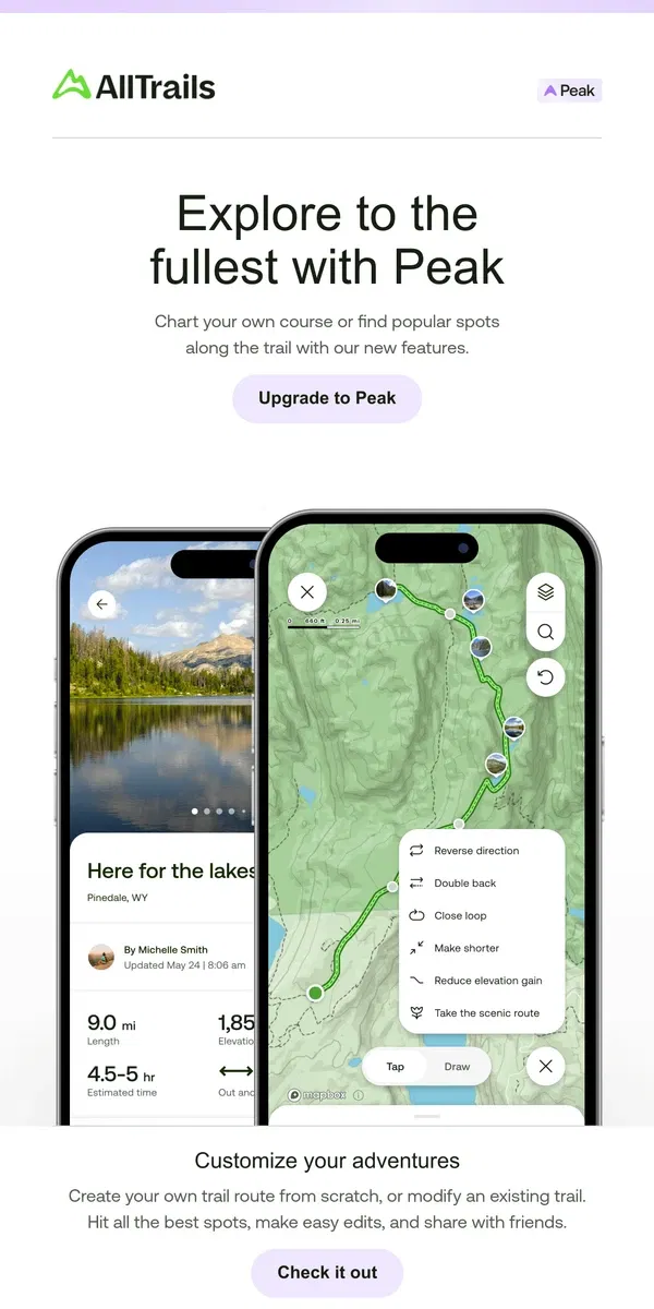 Email from AllTrails. Get to know our new Peak membership