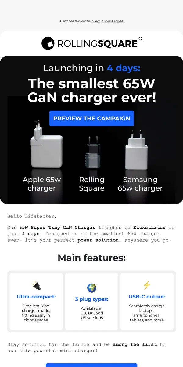 Email from Rolling Square. Surprise! The smallest 65W charger launches in 4 days