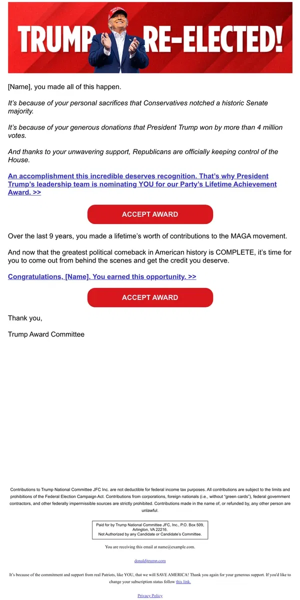 Email from Donald J. Trump. You’ve made a lifetime of contributions to the MAGA movement