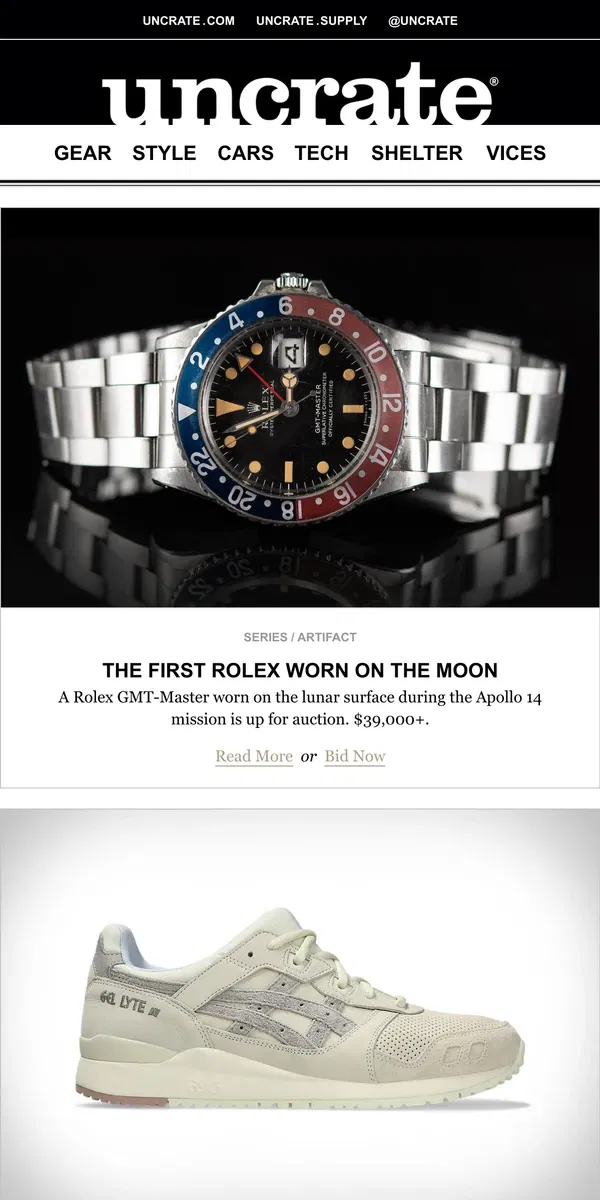 Email from Uncrate. The First Rolex Worn on the Moon & more