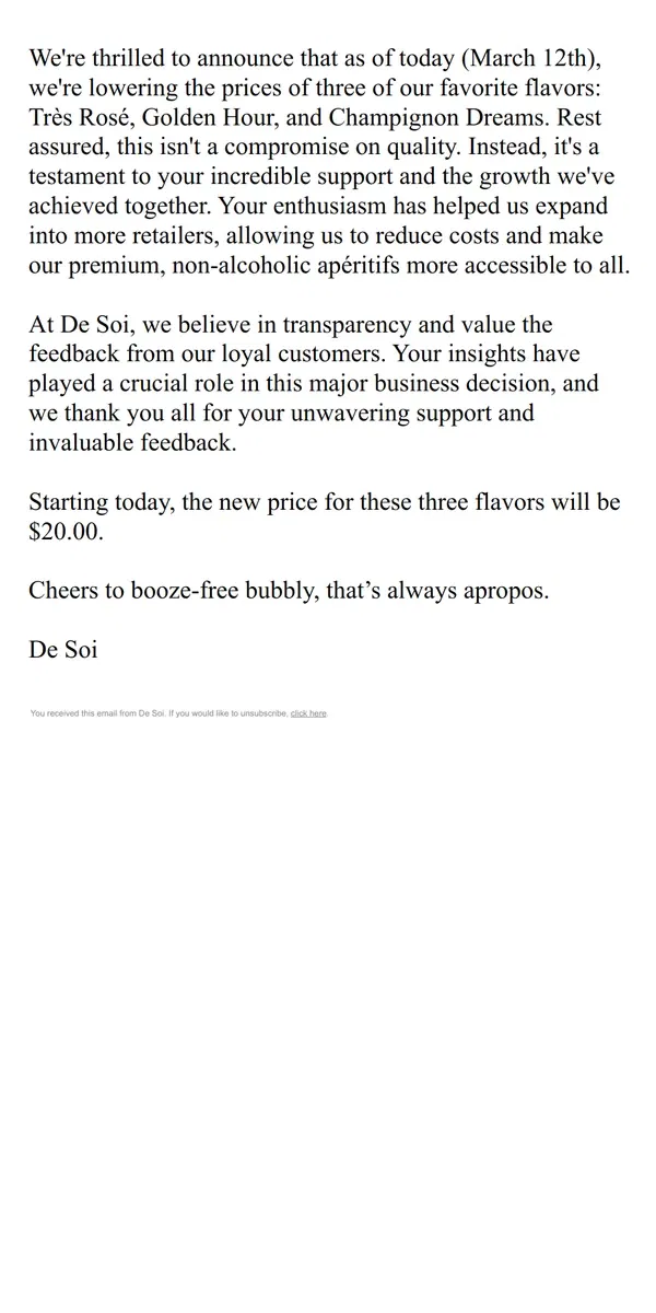 Email from De Soi. Update: NEW Lowered Pricing