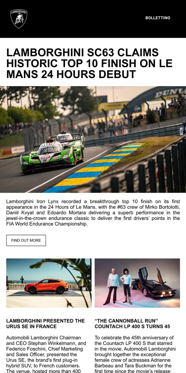 Email from Lamborghini. Lamborghini SC63 claims historic TOP 10 finish on Le Mans 24 Hours debut