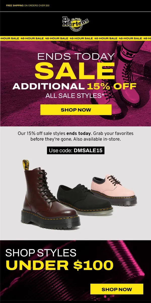 Email from Dr. Martens. Act fast: Get an extra 15% off select DM's