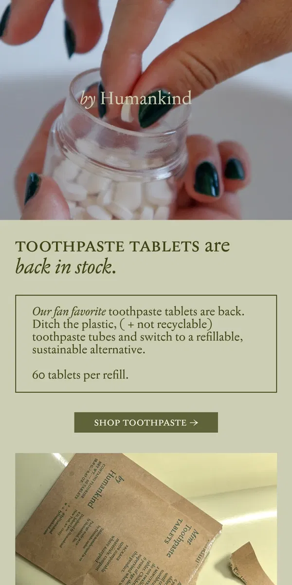 Email from by Humankind. TOOTHPASTE is back in stock –