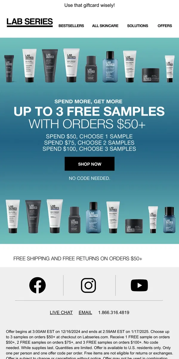 Email from Lab Series. Choose up to 3 samples, for FREE, on orders $50+