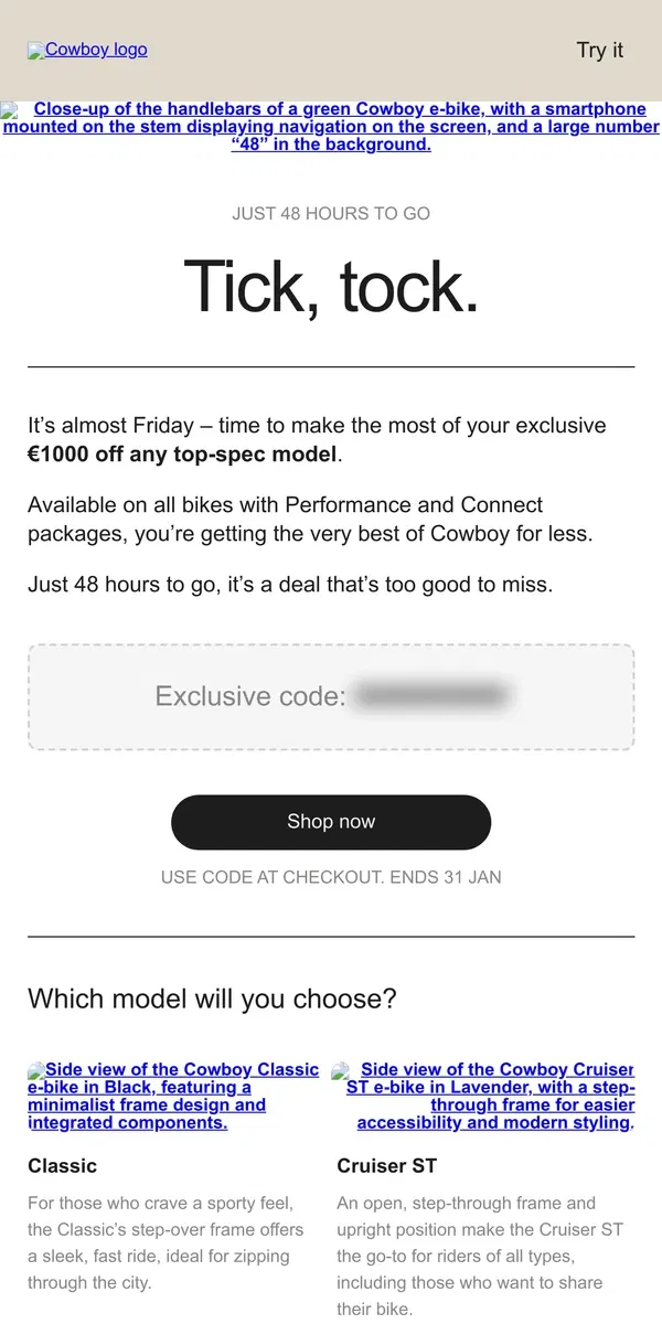 Email from Cowboy. 48 hours to save €1,000