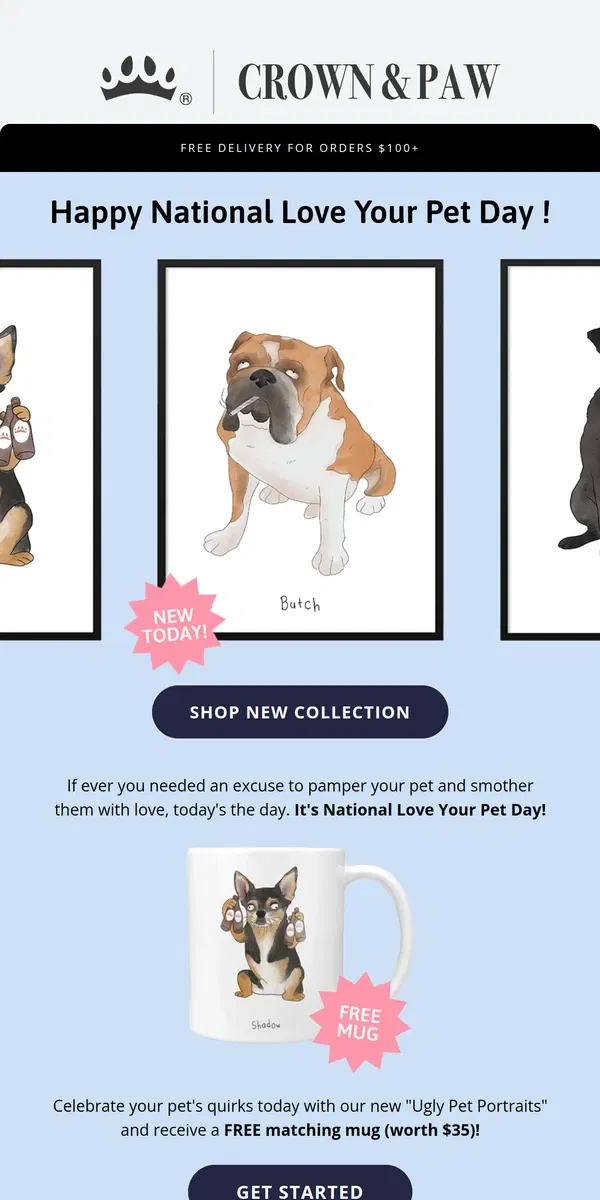 Email from Crown & Paw. NEW TODAY: Our new portrait style is here ! 🐶