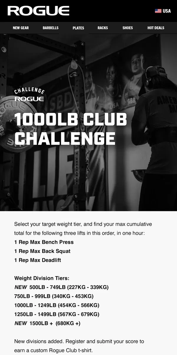 Email from Rogue Fitness. 1000LB Club - Updated Weight Classes for 2024