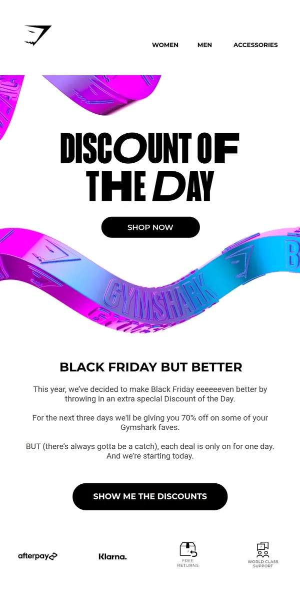 Email from Gymshark. 70% OFF FOR THE DISCOUNT OF THE DAY