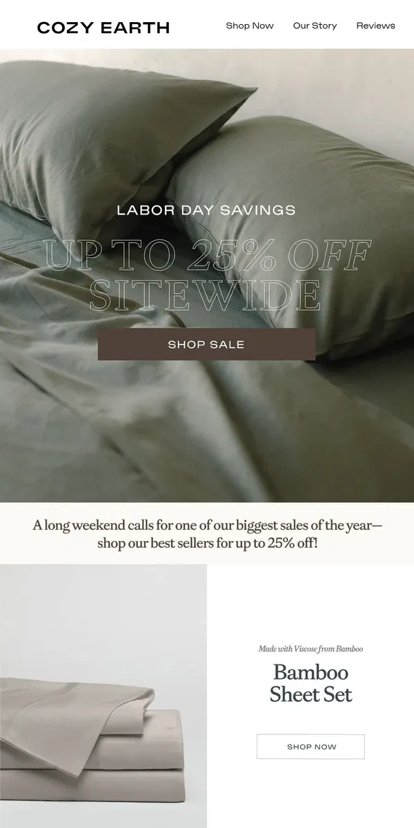 Email from Cozy Earth. ‼️ Labor Day Savings Continue ‼️