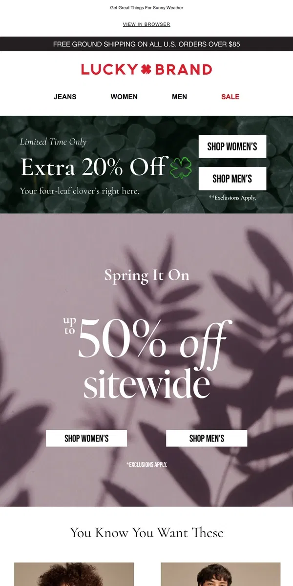 Email from Lucky Brand. STARTING TODAY! Extra 20% Off Your Purchase