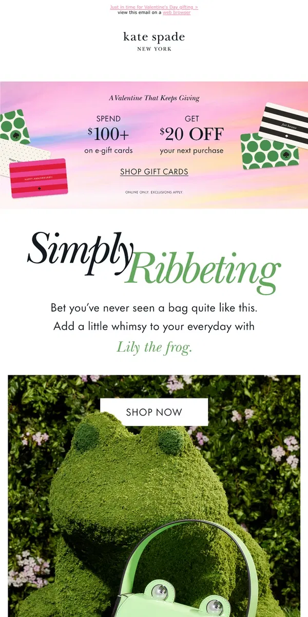 Email from Kate Spade. PSA: Spend $100+ on e-gift cards, get $20 off!