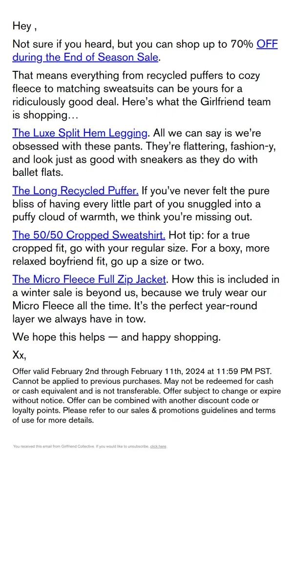 Email from Girlfriend Collective. our cheat sheet to shopping the end of season sale