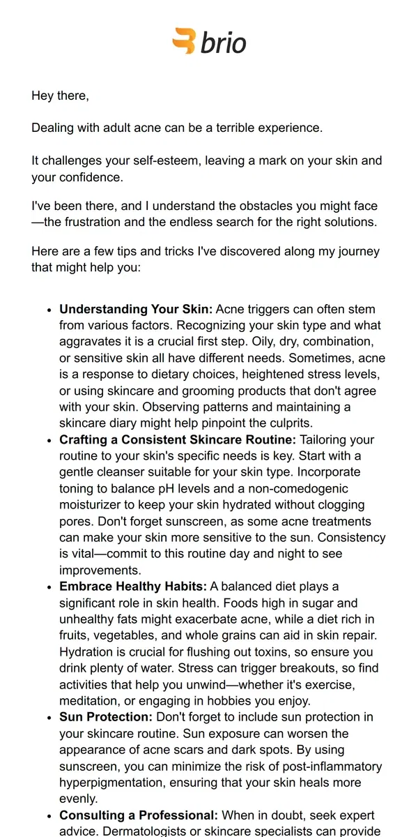 Email from Brio Product Group. Say Goodbye to Acne For Good