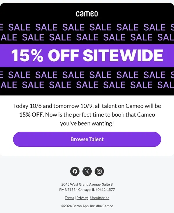 Email from Cameo. 15% Off ALL TALENT!