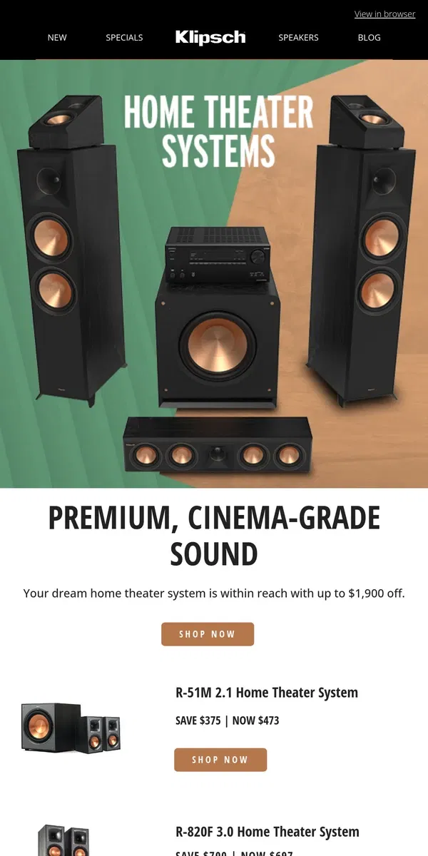 Email from Klipsch. UP TO 50% OFF | Can't Miss Home Theater Deals