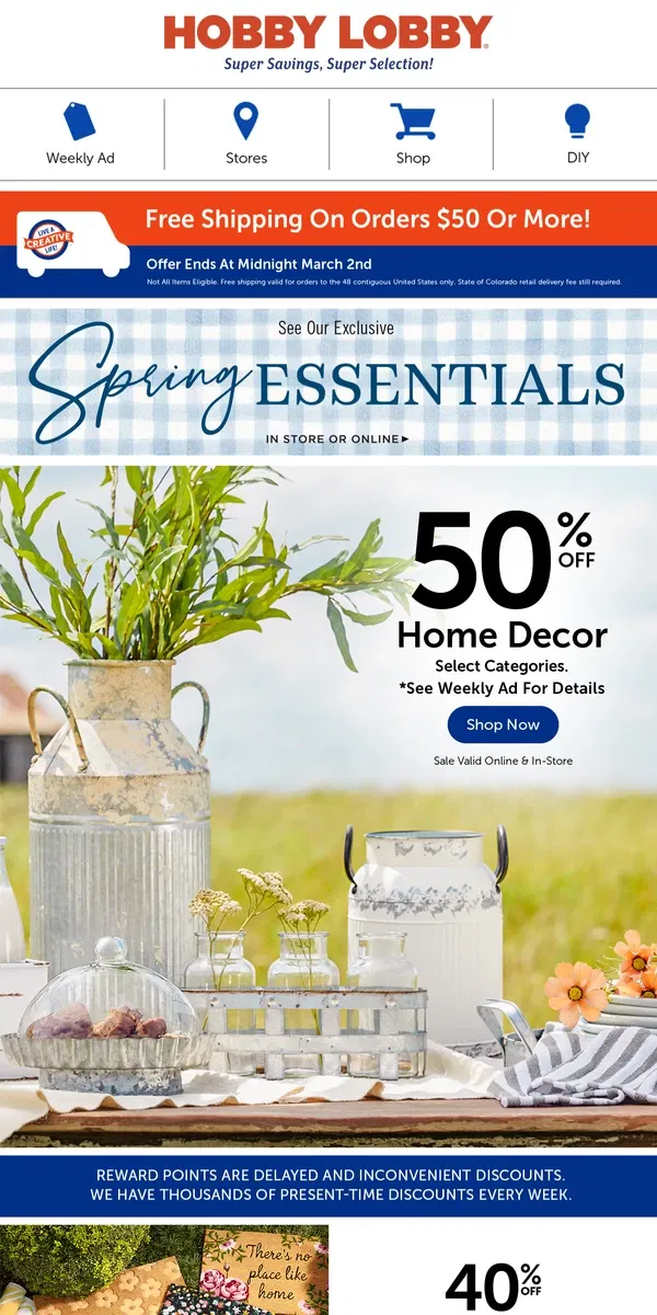 Email from Hobby Lobby. 50% Off Charming Farmhouse Decor