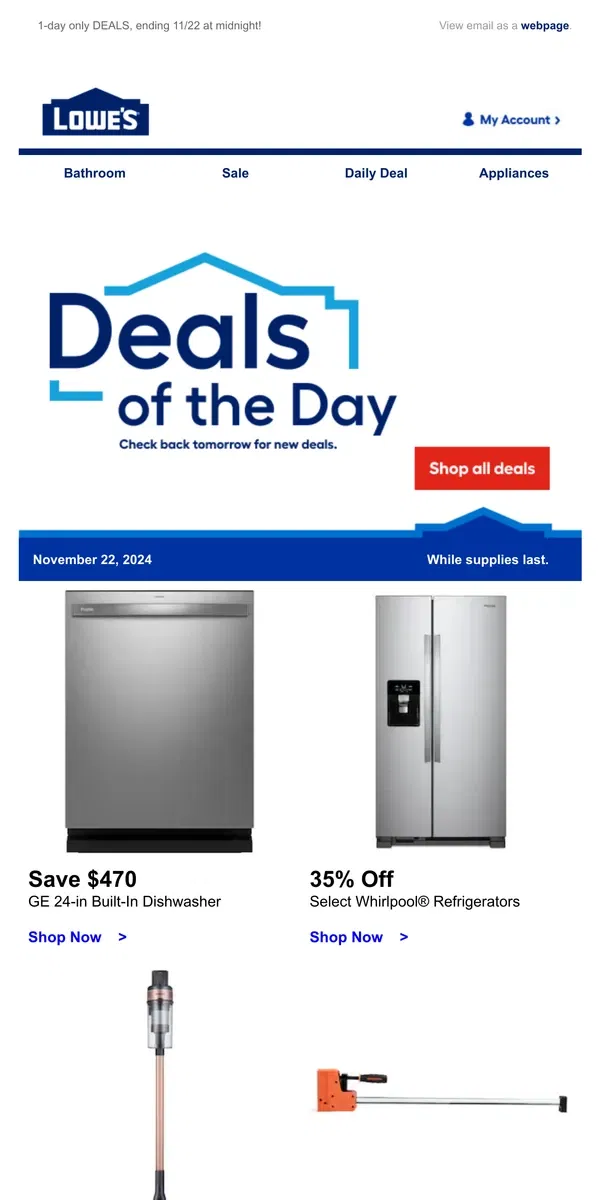 Email from Lowe's. LIMITED TIME deals, just for today.