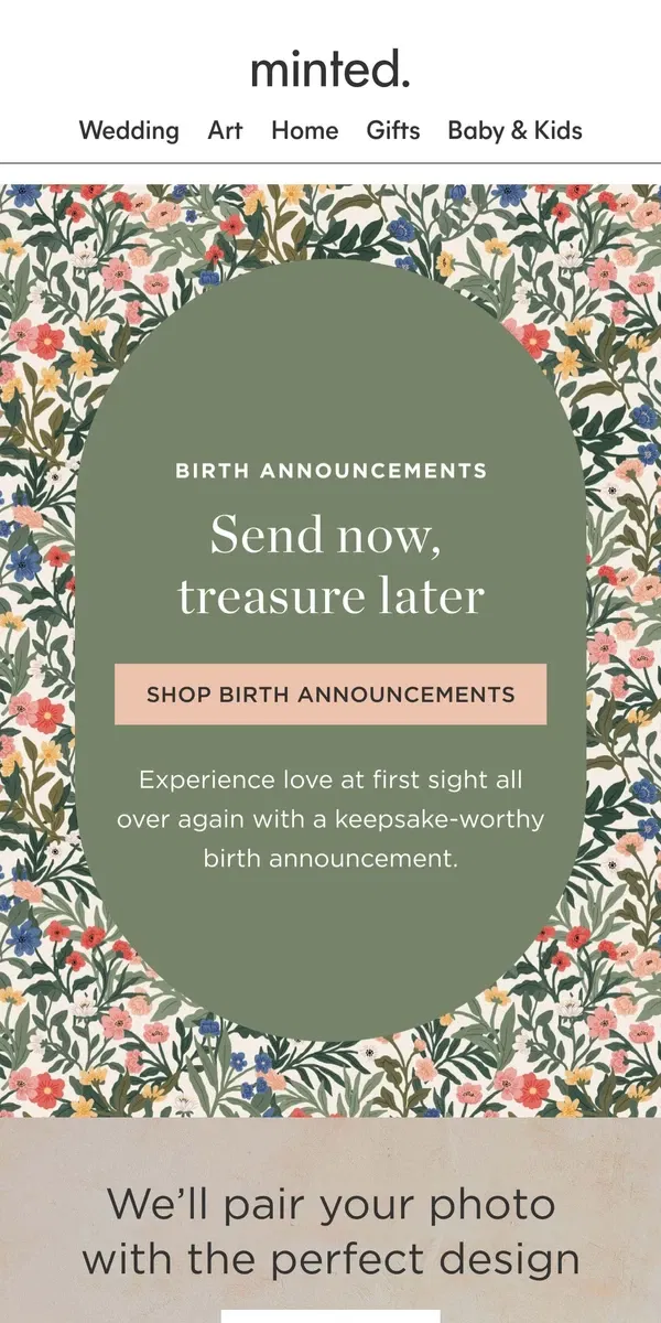 Email from Minted. How to preserve baby's earliest days 📷